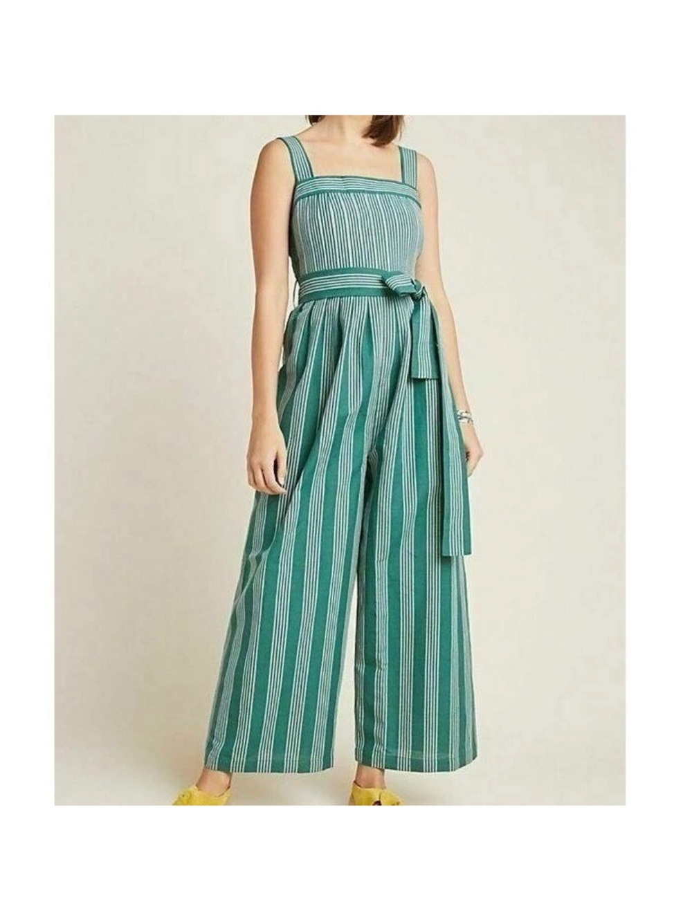 Payal Pratap Green Stripe Linen belted jumpsuit Anthropologie.